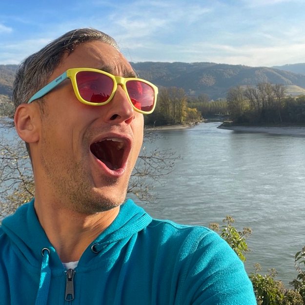 chris o'bray looking amazed at the danube river on a sunny day chris o'bray looking amazed at the danube river on a sunny day